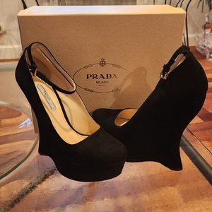 Prada Black Suede Comoscio Wedges
